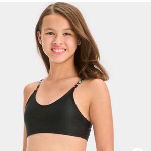 Girls' Floral Printed Rash Guard Bikini Top - art class Black S